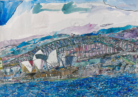 19002 Sydney Opera House and Harbour Bridge - Painted in 2019 - Print on A3 size paper (29.7x42.0cm / 11.6"x 16.5") or A4 size paper (21x29.7 cm/ 21x29.7”)