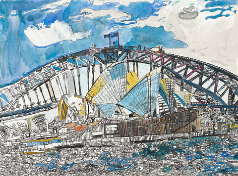 23002 Sydney Opera House and Harbour Bridge - Painted in 2023 -- Print on A3 size paper (29.7x42.0cm / 11.6"x 16.5") or A4 size paper 21x29.7 cm/ 21x29.7”)