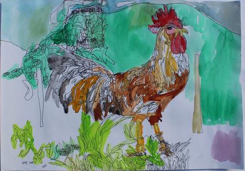 17401 Rooster- Painted in 2017 - Print on A3 size paper (29.7x42.0cm / 11.6"x 16.5") or A4 size paper (21x29.7 cm/ 21x29.7”)